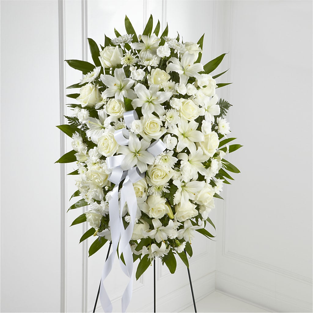 Exquisite Tribute Standing Spray-White Ribbon – The Flower House, Eunice LA