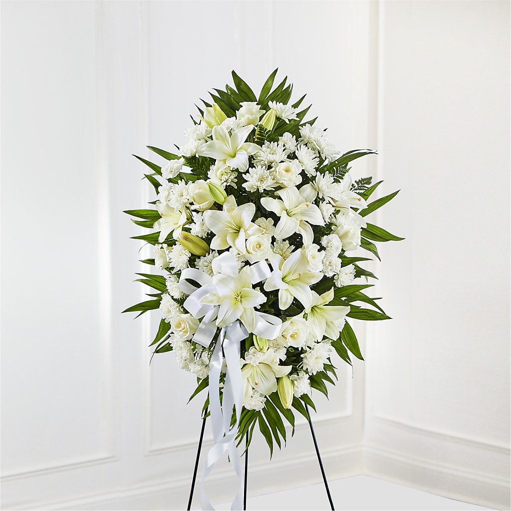 Exquisite Tribute Standing Spray-White Ribbon – The Flower House, Eunice LA