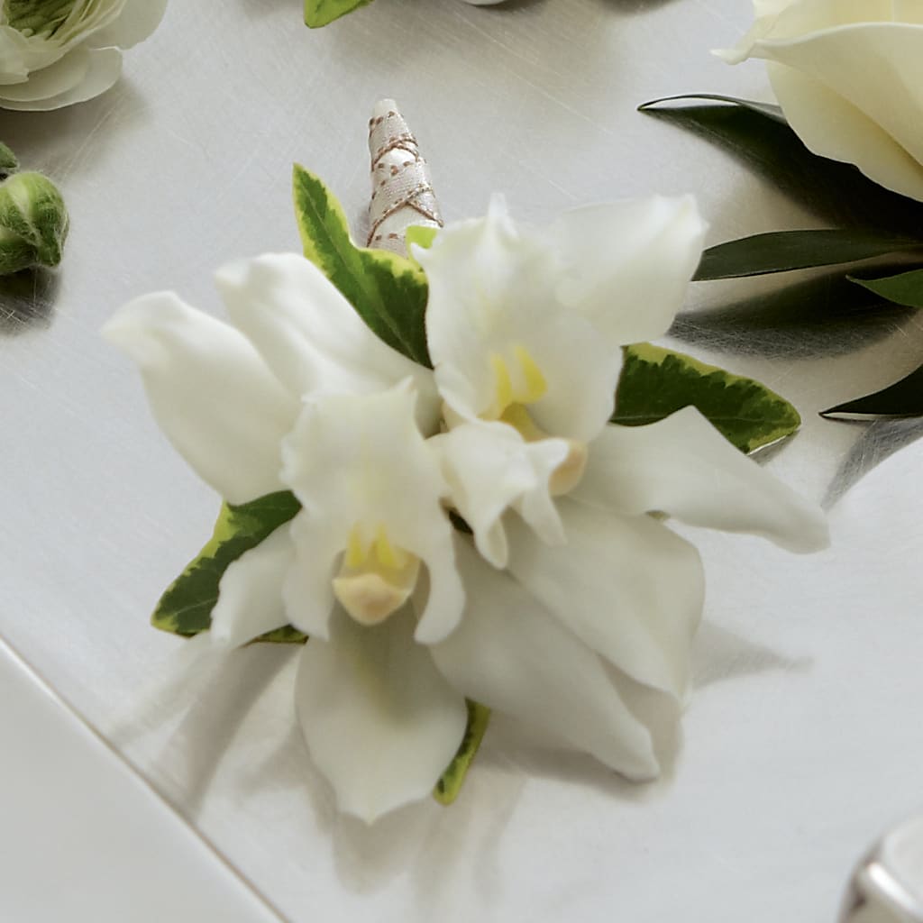 White Mini Cymbidium Boutonniere – The Flower House, Eunice LA